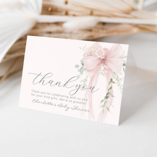 Cartão De Agradecimento Whimsical Bow Floral Eucalyptus Baby Shower (Criador carregado)