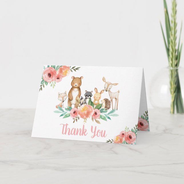 Cartão De Agradecimento Whimsical Cute Floral Woodland Animals Baby Shower (Frente)