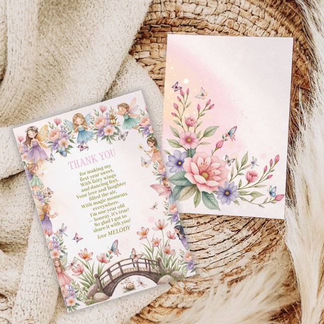 Cartão De Agradecimento Whimsical fairy garden 1st birthday  (Criador carregado)