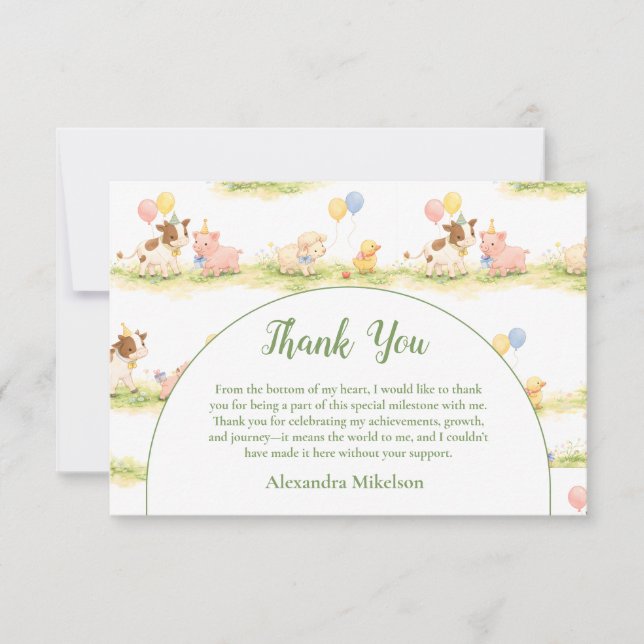Cartão De Agradecimento Whimsical Farm Animals Pastel 1st Birthday (Frente)