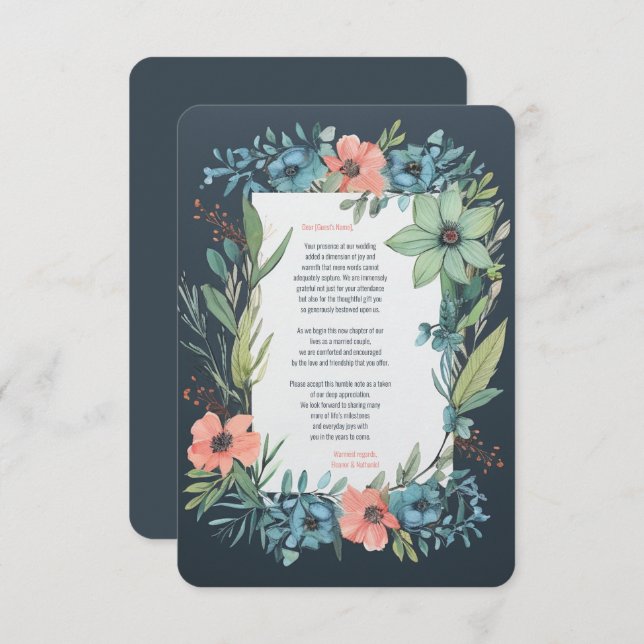 Cartão De Agradecimento Whimsical Floral Salmon Blue Green Casamento (Frente/Verso)