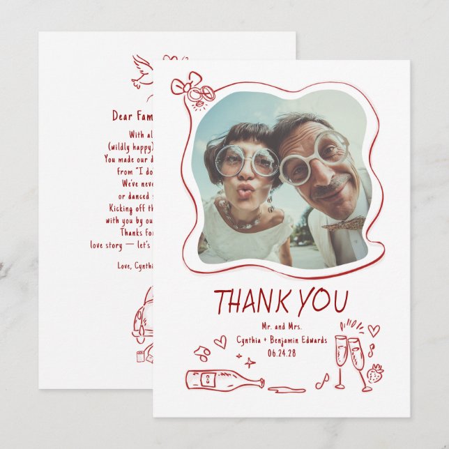 Cartão De Agradecimento Whimsical Funky Hand Drawn Wedding Photo (Frente/Verso)