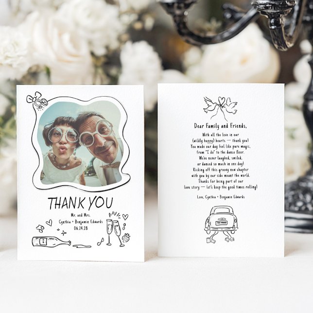 Cartão De Agradecimento Whimsical Funky Hand Drawn Wedding Photo (Quirky Funky Drawings Wedding Thank You Photo Cards)