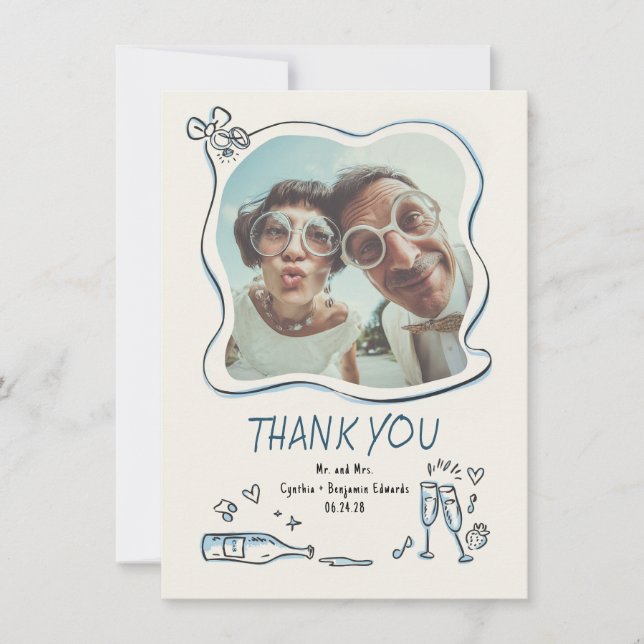 Cartão De Agradecimento Whimsical Funky Hand Drawn Wedding Photo (Frente)