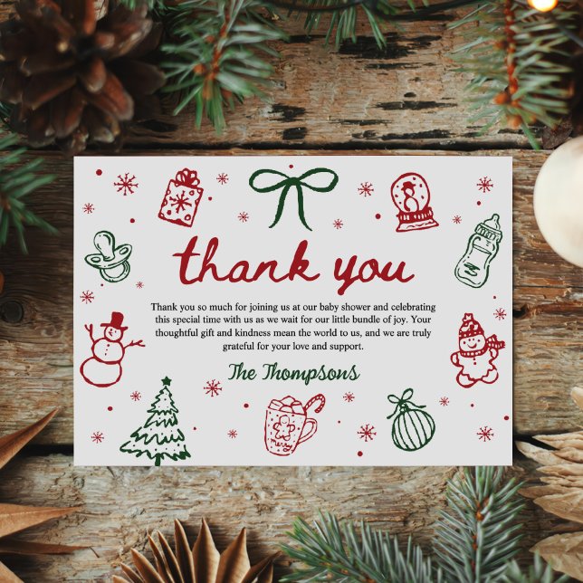 Cartão De Agradecimento Whimsical Hand Drawn Christmas Baby Shower (Criador carregado)