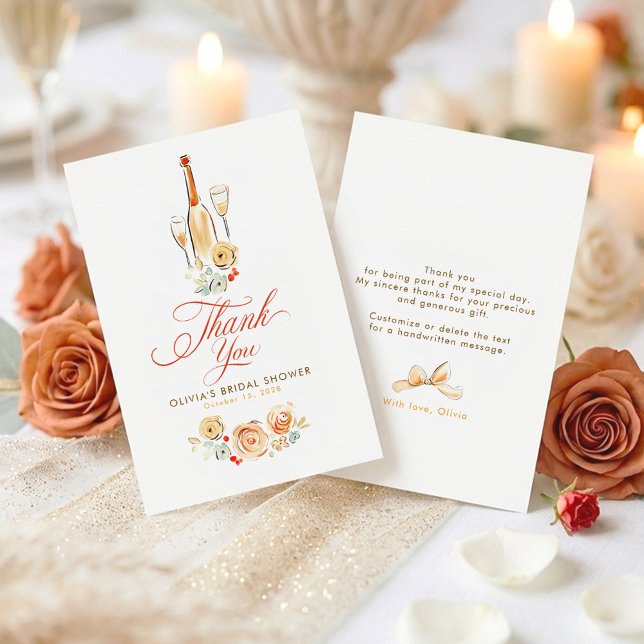 Cartão De Agradecimento Whimsical Hand Drawn Earthy Small Thank You  (Terracotta Whimsical Champagne Bottle and Bow Thank You Cards)