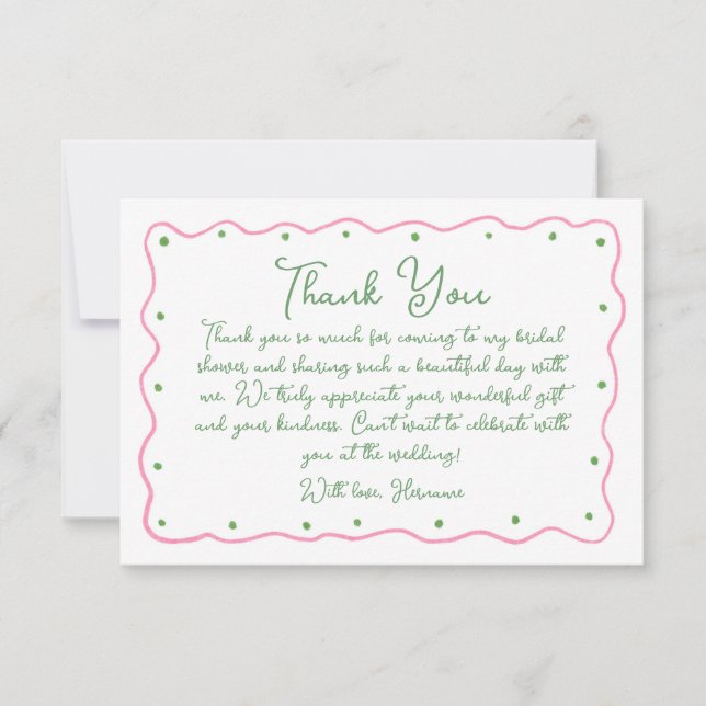 Cartão De Agradecimento Whimsical Pink Green Hand Painted Bridal Shower (Frente)