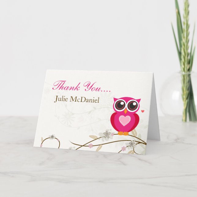Cartão De Agradecimento Whimsical Pink Owl Thank You Cards (Frente)