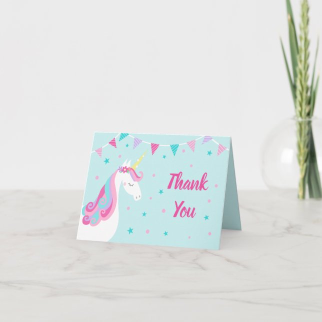 Cartão De Agradecimento Whimsical Rainbow Unicorn Birthday (Frente)