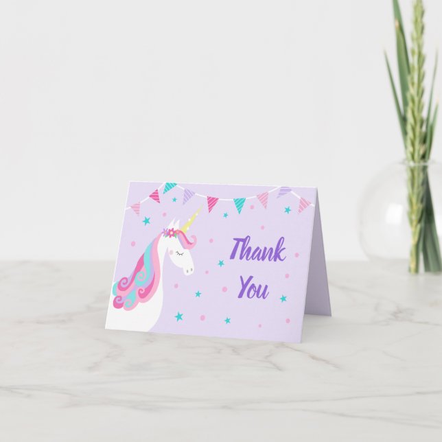 Cartão De Agradecimento Whimsical Rainbow Unicorn Purple Birthday (Frente)