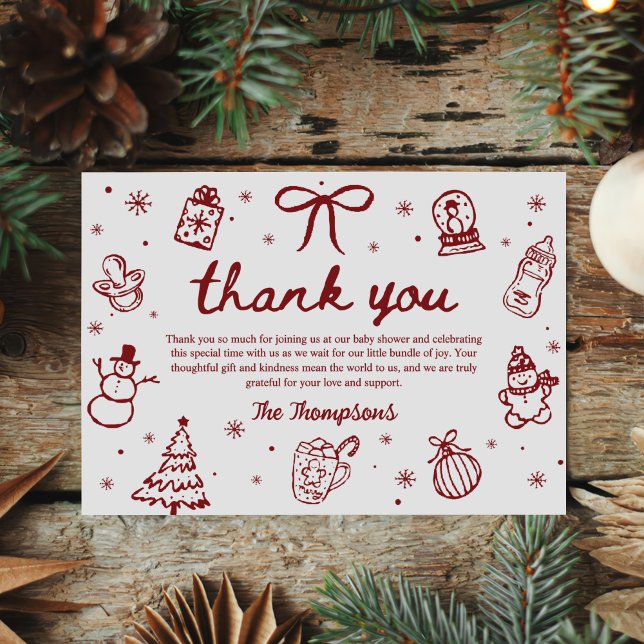 Cartão De Agradecimento Whimsical Red Hand Drawn Christmas Baby Shower (Criador carregado)