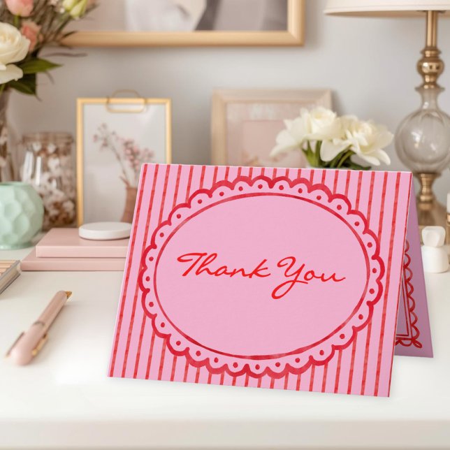 Cartão De Agradecimento Whimsical Red Pink Watercolor Stripe Wedding (Whimsical Red Pink Watercolor Bow Stripe Wedding Thank You Card)
