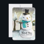 Cartão De Agradecimento Whimsical Snowman Winter Scene Christmas Obrigado<br><div class="desc">Um cartões de agradecimentos com um desenho bonito com um boneco de neve vestindo um legal chapéu e cachecol. O fundo tem uma linha de pinheiros brancos cobertos de neve.</div>