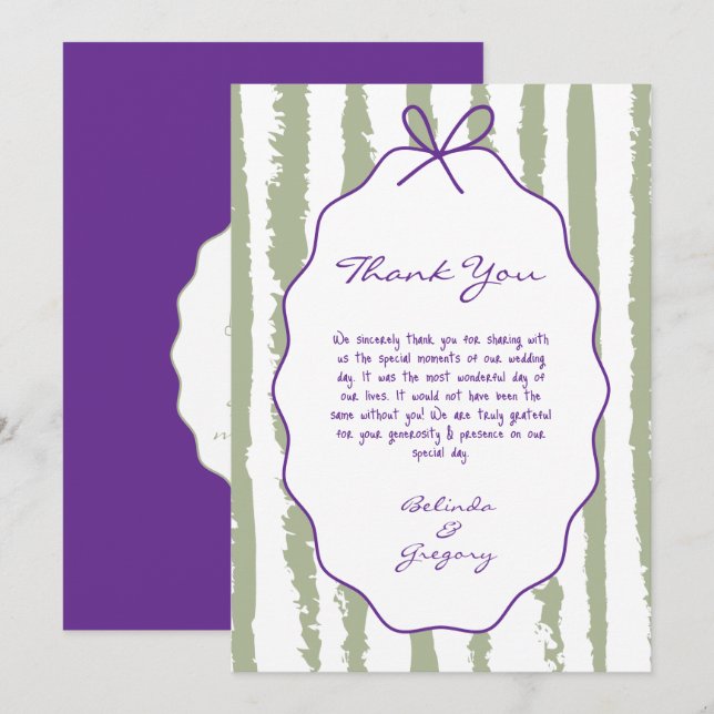 Cartão De Agradecimento Whimsical Stripes Handwritten Painted Wedding  (Frente/Verso)