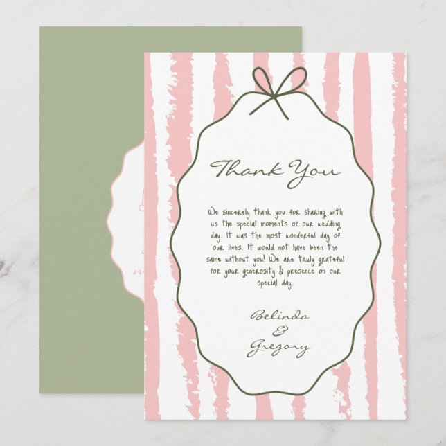 Cartão De Agradecimento Whimsical Stripes Handwritten Painted Wedding  (Frente/Verso)