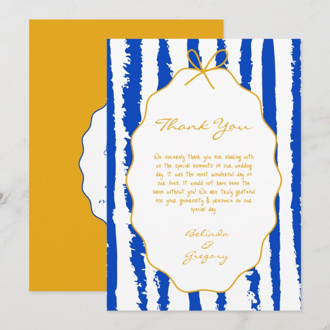 Cartão De Agradecimento Whimsical Stripes Handwritten Painted Wedding  (Frente/Verso)