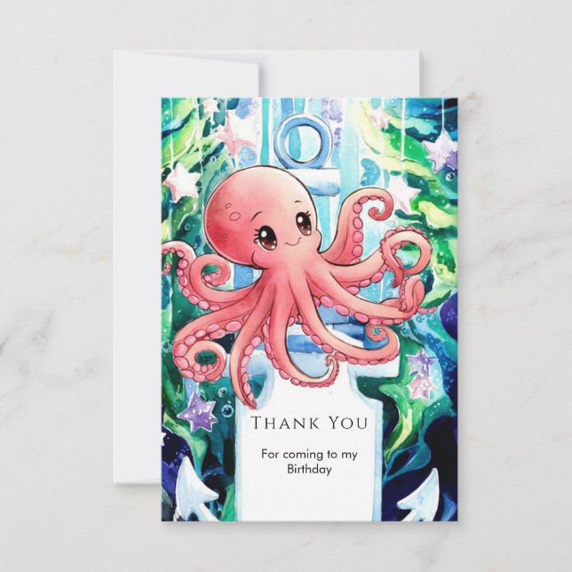 Cartão De Agradecimento Whimsical under Sea Octopus Birthday (Frente)