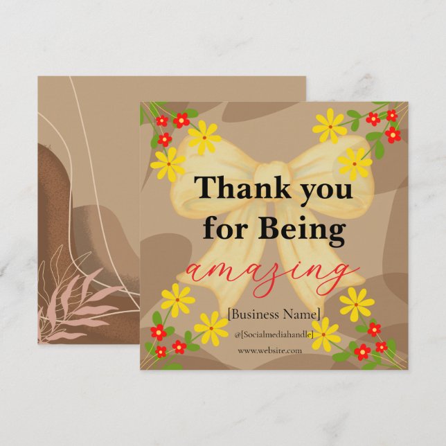 Cartão De Agradecimento Whimsical Yellow Bow & Red Floral Thank You Card (Frente/Verso)