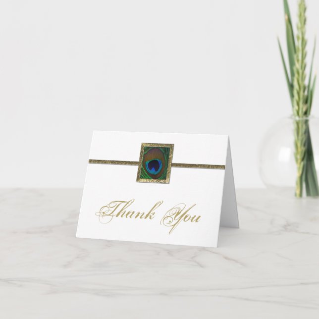 Cartão De Agradecimento White and Gold Peacock Feather Thank You Card (Frente)