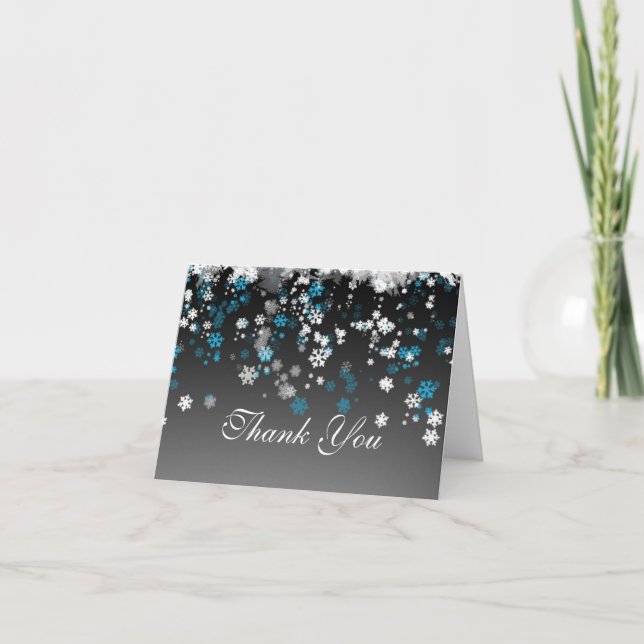 Cartão De Agradecimento White, blue snowflakes on black Wedding Thank You (Frente)