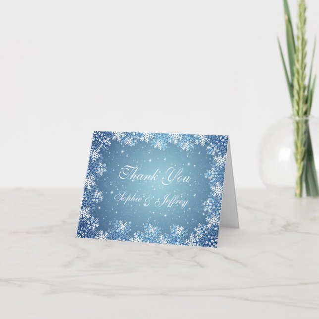 Cartão De Agradecimento White blue snowflakes on blue Wedding Thank You (Frente)