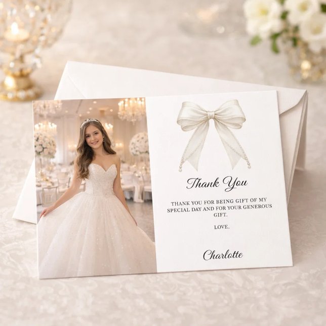 Cartão De Agradecimento White bow photo pearls girl Sweet 16 (Criador carregado)