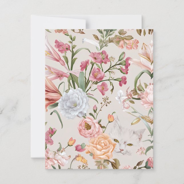 Cartão De Agradecimento White Cats Pink Roses Floral Flat Thank You Card (Frente)