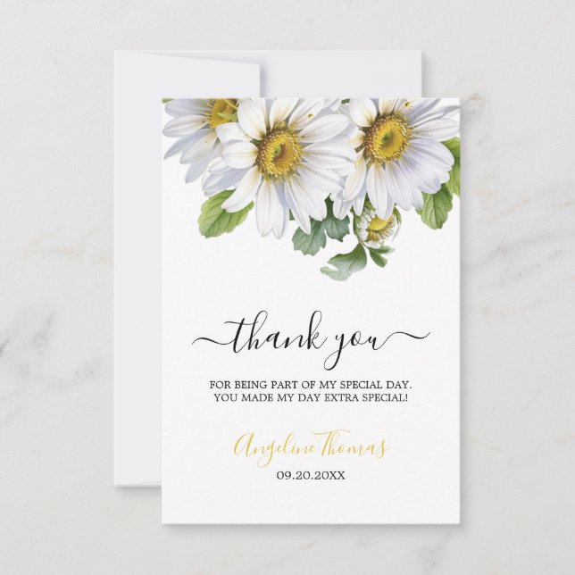 Cartão De Agradecimento White Daisy Floral Greenery Script Birthday (Frente)