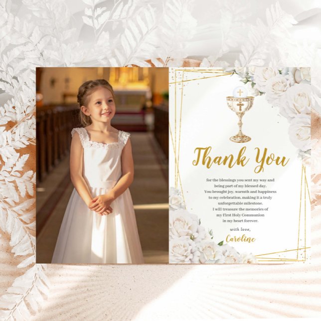 Cartão De Agradecimento White Floral First Holy Communion Chalice Photo (Criador carregado)