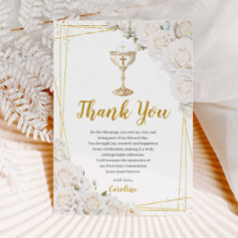Cartão De Agradecimento White Floral First Holy Communion Gold Chalice