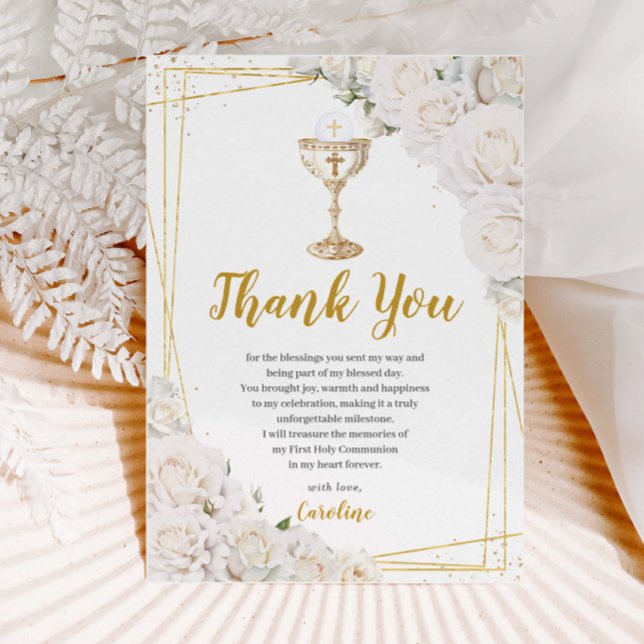 Cartão De Agradecimento White Floral First Holy Communion Gold Chalice (Criador carregado)
