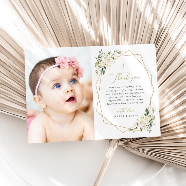 Cartão De Agradecimento White Flowers, Cream Flowers, Greenery, Baptism (Criador carregado)