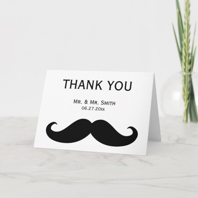 Cartão De Agradecimento White Gay Wedding Thank You Cards With Moustache (Frente)