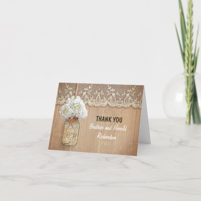 Cartão De Agradecimento white hydrangea mason jar wedding thank you (Frente)