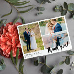 Cartão De Agradecimento White Modern Wedn 3 Photo Collage Obrigado<br><div class="desc">Diga obrigado aos seus convidados de casamento com um cartões de agradecimentos de colagem de três fotos. Adicione seus nomes e data de casamento em uma fonte negra moderna. Obrigado por estar escrito em um roteiro encantador e ousado.</div>