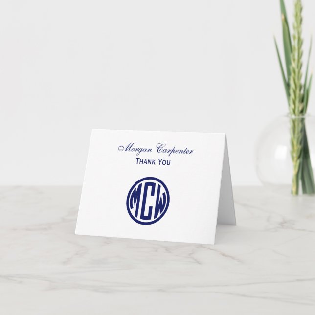 Cartão De Agradecimento White Navy Circle Monogram Font DIY BG (Frente)