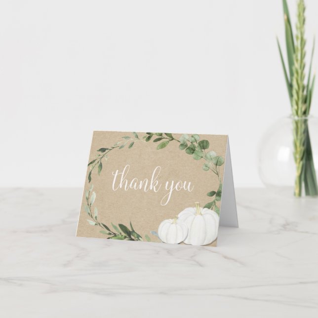 Cartão De Agradecimento White pumpkins greenery rustic fall thank you card (Frente)