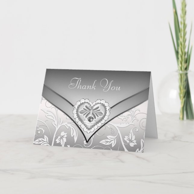 Cartão De Agradecimento White Silver Diamond Heart Thank You Cards (Frente)