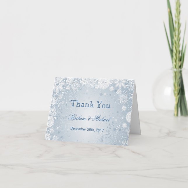 Cartão De Agradecimento White snowflakes on blue Wedding Thank You Note (Frente)