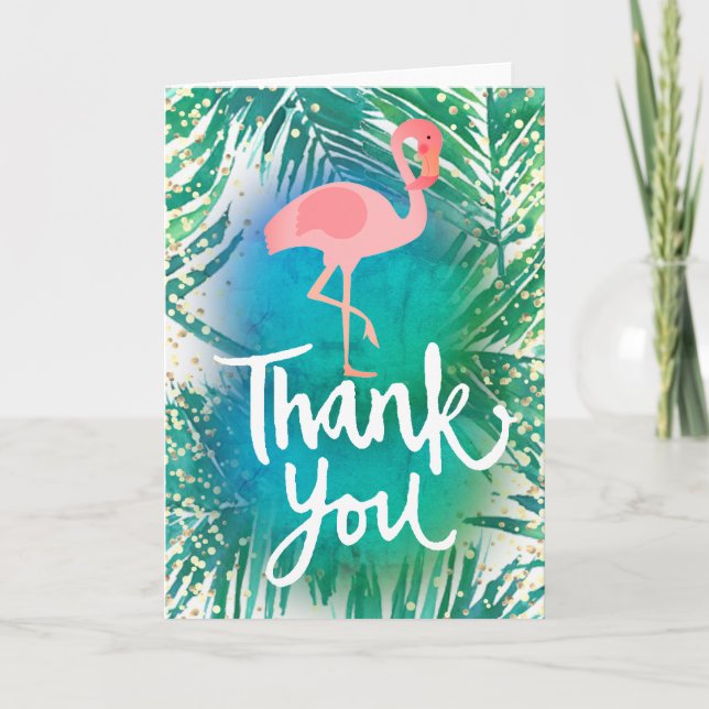 Cartão De Agradecimento white thank you script flamingo on palm leaves (Frente)