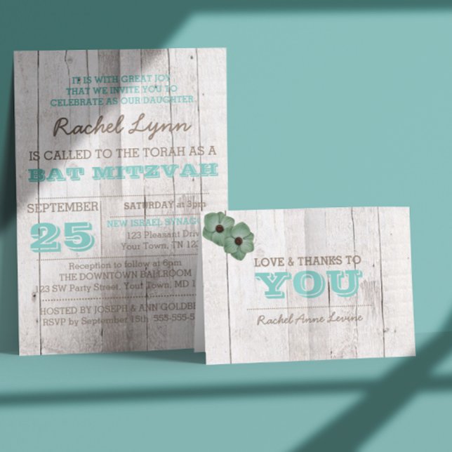 Cartão De Agradecimento Whitewash Teal Bat Mitzvah Obrigado Nota (Criador carregado)