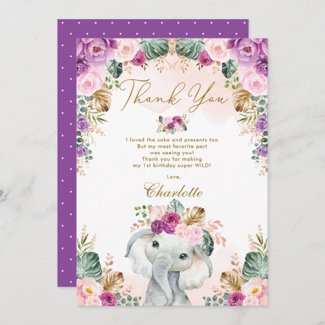 Cartão De Agradecimento Wild One Boho Elephant Pink Purple Floral Birthday (Frente/Verso)