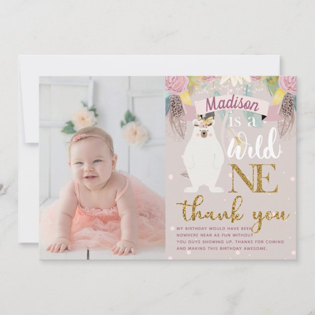 Cartão De Agradecimento Wild One Girl Birthday Obrigado (Frente)