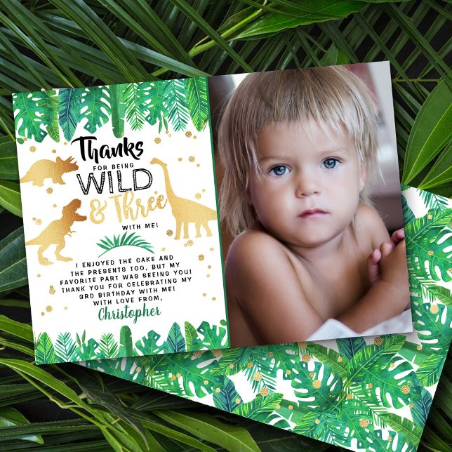 Cartão De Agradecimento Wild & Three Dinosaur Boys Terceira Foto De Aniver (Criador carregado)