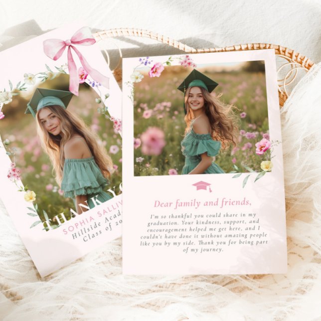 Cartão De Agradecimento Wildflower Bow Graduation Photo (Criador carregado)
