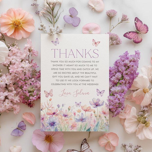 Cartão De Agradecimento Wildflower Butterfly Bridal Shower Thank You Card (He gives her butterflies! Wildflower butterfly Thank you card in pastel colours)