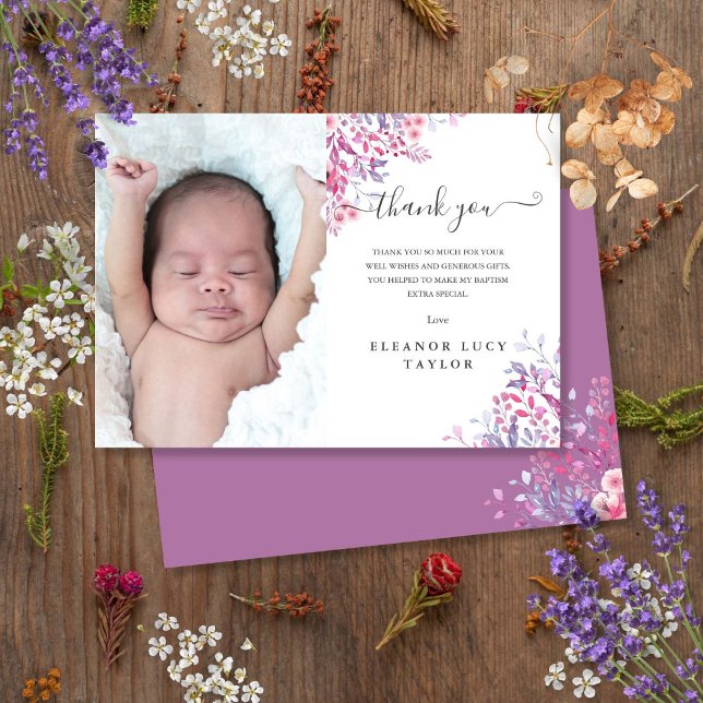 Cartão De Agradecimento Wildflower Floral Baptism Christening Foto (Wildflower Floral Baptism Christening Photo Thank You Card)