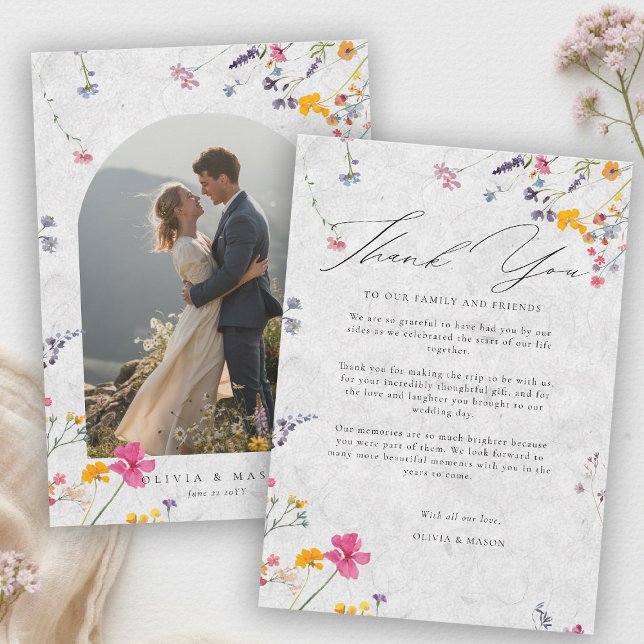 Cartão De Agradecimento Wildflower Garden Modern Ivory Arch Photo Wedding (wildflower wedding photo thank you watercolor garden backyard barn summer spring arch ivory)