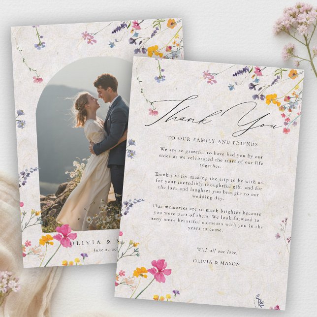 Cartão De Agradecimento Wildflower Garden Modern Pink Blush Arch Wedding (wildflower wedding photo thank you watercolor garden backyard barn summer spring arch pink blush)