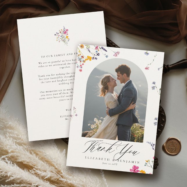Cartão De Agradecimento Wildflower Grace Modern Watercolor Arch Wedding (wildflower wedding theme thank you romantic colorful watercolor pastel floral timeless classic)